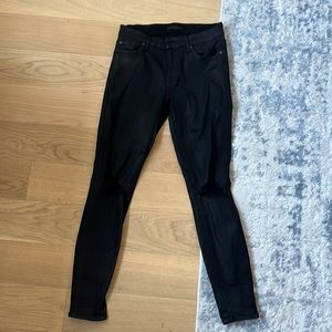 7 for all Mankind stretch coated black jeans with distressed knees